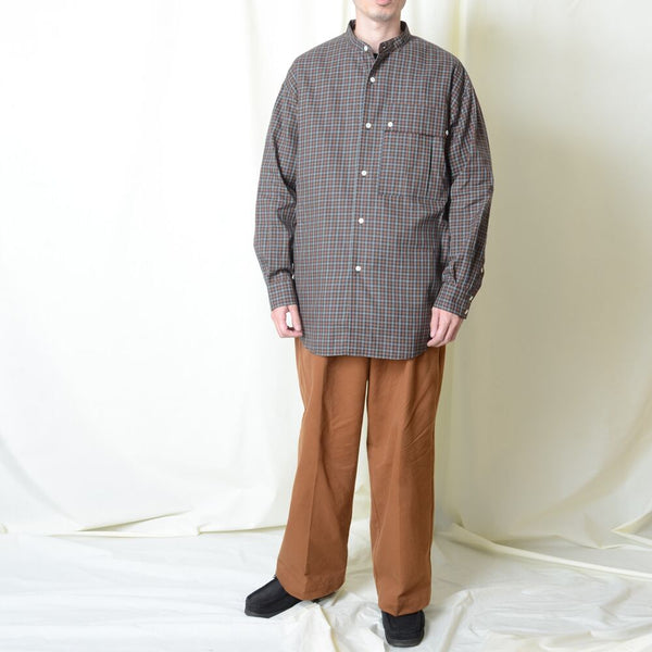 【STTND】チェックノーカラーワイドシャツ
