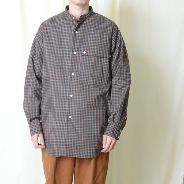 【STTND】チェックノーカラーワイドシャツ